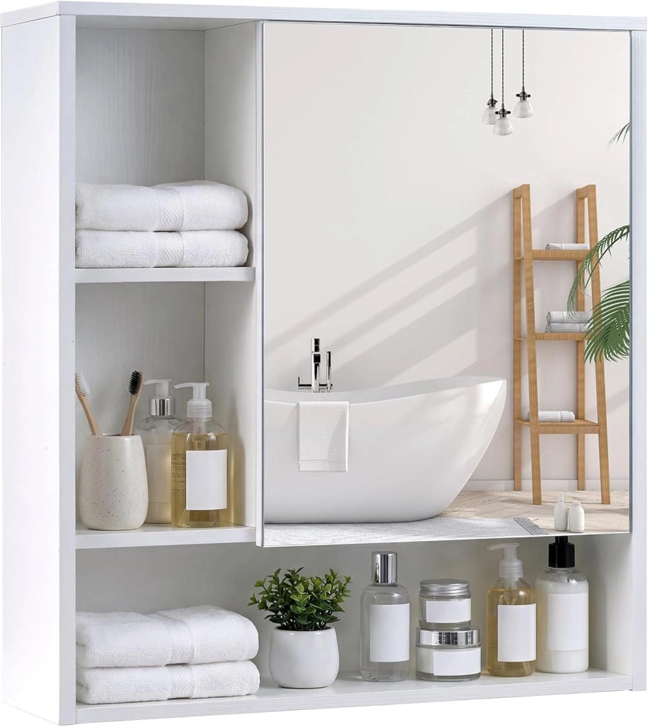 Mobile Bagno con Specchio, Specchio Bagno Contenitore con Porta Singola e 3 Ripiani Aperti, Mobiletto Salvaspazio in Legno per Lavanderia e Ingresso, 56 x 16 x 61 cm (Nero)