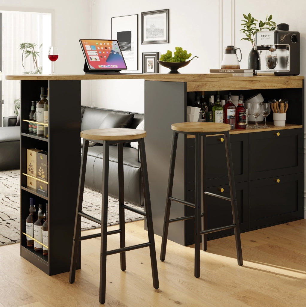 Set tavolo bar con contenitore e 2 sgabelli neri