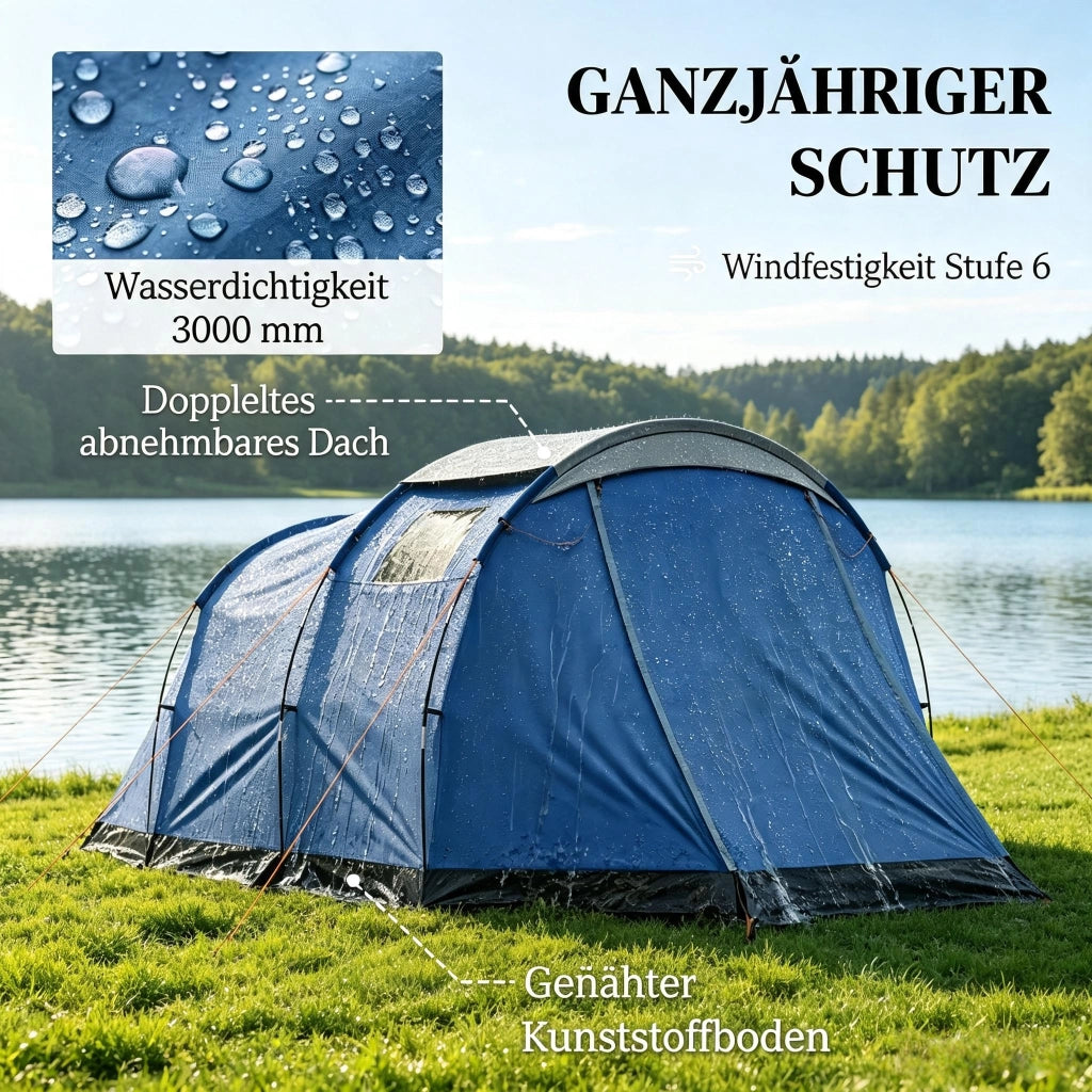 TENDA DA CAMPEGGIO A TUNNEL 460x260x190 cm Blu, 3-4 posti, impermeabile 3000 mm