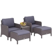 Set Mobili da Giardino 2 Poltrone 2 Poggiapiedi 1 Tavolino in Vetro Temperato Rattan Grigio