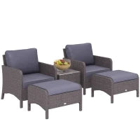 Set Mobili da Giardino 2 Poltrone 2 Poggiapiedi 1 Tavolino in Vetro Temperato Rattan Grigio