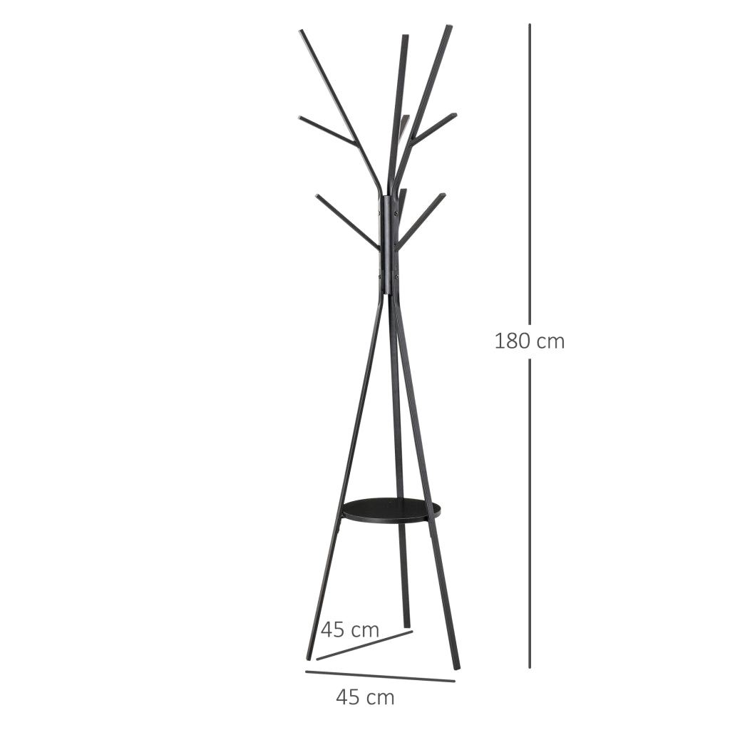 Appendiabiti da terra in metallo e MDF nero, 180 cm, con 3 barre, 8 ganci e piano d'appoggio