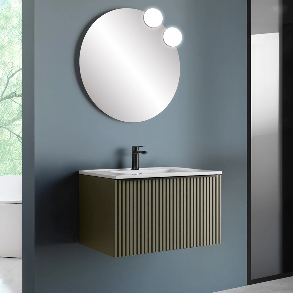 Mobile bagno sospeso 80 cm verde opaco cannettato con cassetto e lavabo Nara