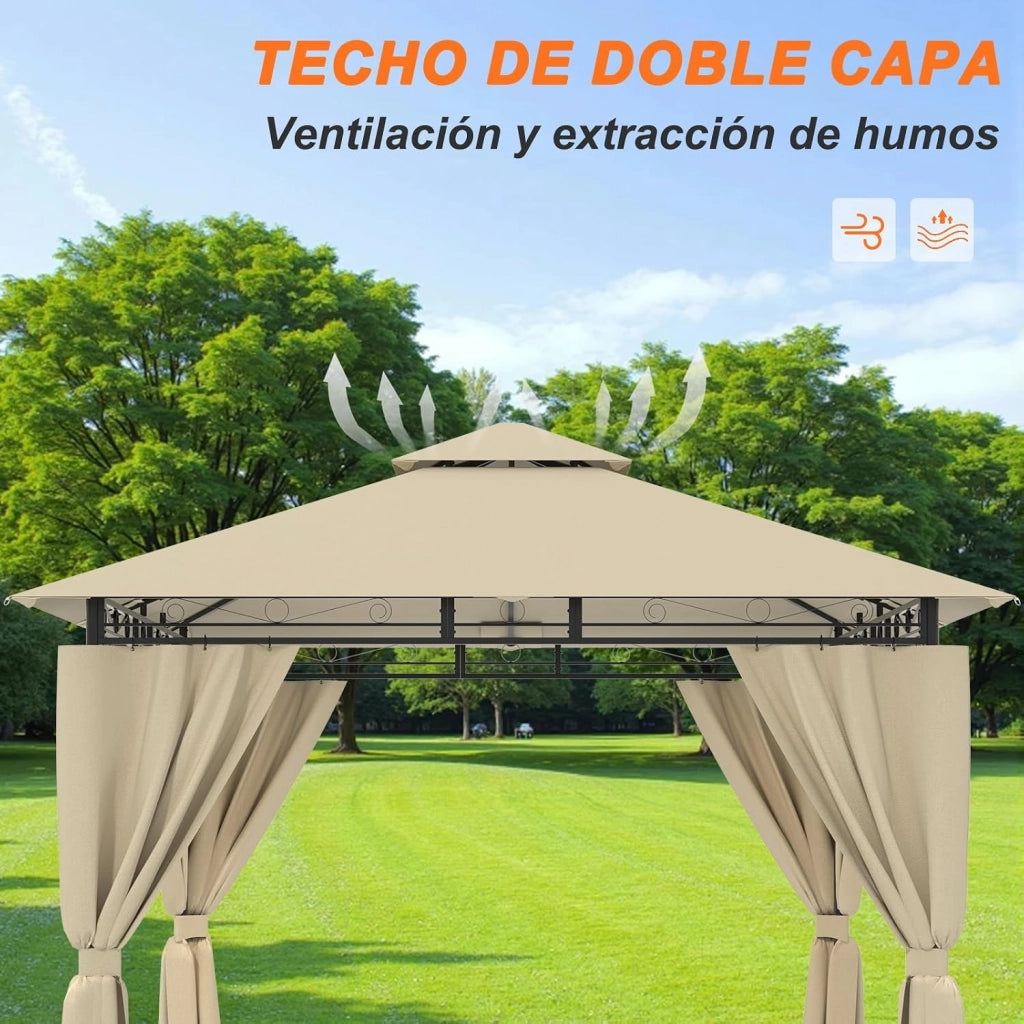 Gazebo da Giardino 3x3,Telo Gazebos 3x4 Impermeabile,Gazebo Esterno Resistente,Telaio in Metallo, Gazebos,Beige