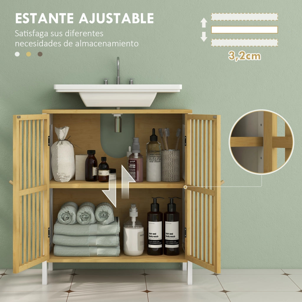 Mobiletto Sottolavabo in Bamb¨´ con Ante e Ripiano Aggiustabile ¨C Zephmum ¨C 60x30x70 cm Bianco Naturale