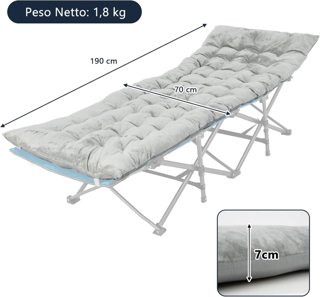 Cuscino per Sdraio, Cuscino Spesso da 190 x 70 x 7 cm con 4 Cinghie di Fissaggio, Tasca per Fissare al Letto, per Lettino da Campeggio, Vacanze in Campeggio (grigio)