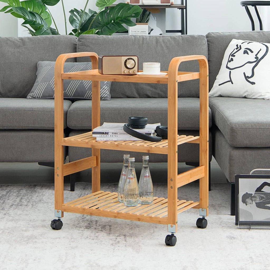 Carrello da portata in bambù, piccolo carrello da cucina su ruote, carrello con 3 ripiani e manici, carrello universale da cucina, carrello multiuso 58 x 33 x 76 cm