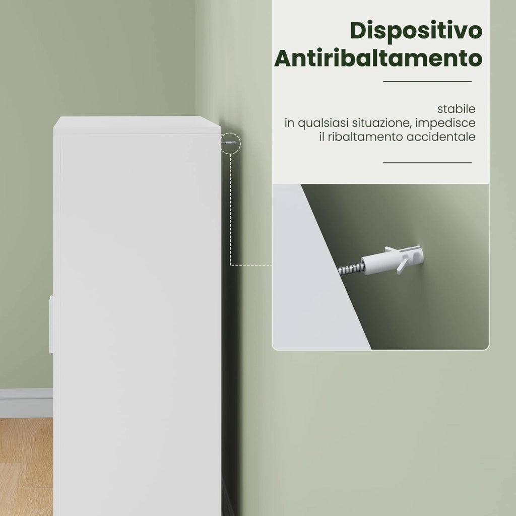 Armadietto da Bagno con Ripiani Regolabili, Mobiletto Multiuso con 3 Scomparti, Maniglie e Ante, Organizzatore per Cucina, Ingresso, Soggiorno, in MDF e Metallo, Bianco