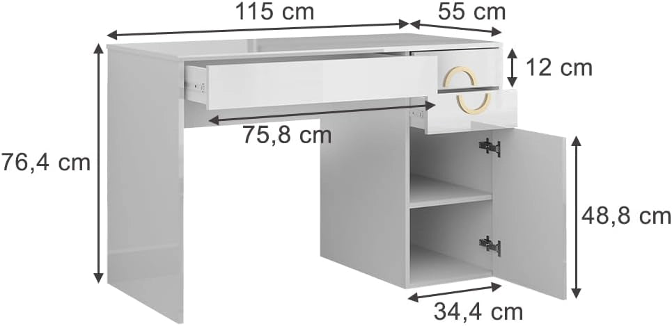 Scrivania Adela, Bianco lucido, 115 x 55 cm con 3 cassetti, adatto come postazione di lavoro per smart working e studio