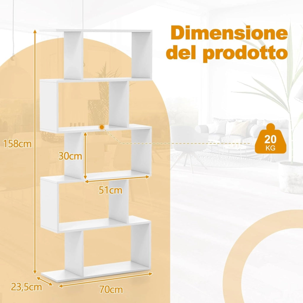 Scaffale a 5 Ripiani in Legno, Libreria Geometrica a Forma di S con Dispositivo Antiribaltamento, per Soggiorno Ufficio Camera da Letto, 70 x 23,5 x 158 cm (Bianco)