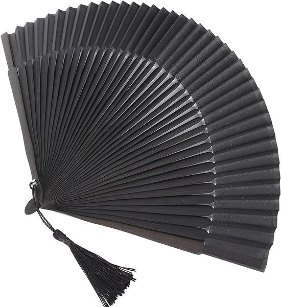 Ventilatore a mano pieghevole in seta - nero per feste e cosplay