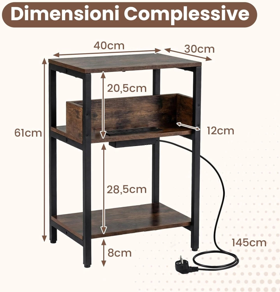 Tavolino Laterale a 3 Ripiani con Stazione di Ricarica, Mensole Aperte, Porte USB e Prese Elettriche, Tavolino Versatile Industriale per Soggiorno e Camera da Letto