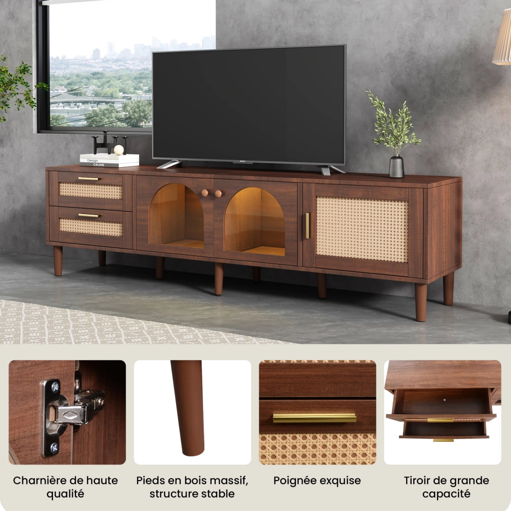 Mobile TV con 3 Ante; 2 Cassetti in Rattan e LED; Ante in Vetro; Stile Naturale; 180¡Á40¡Á50 cm; in Truciolare; Marrone