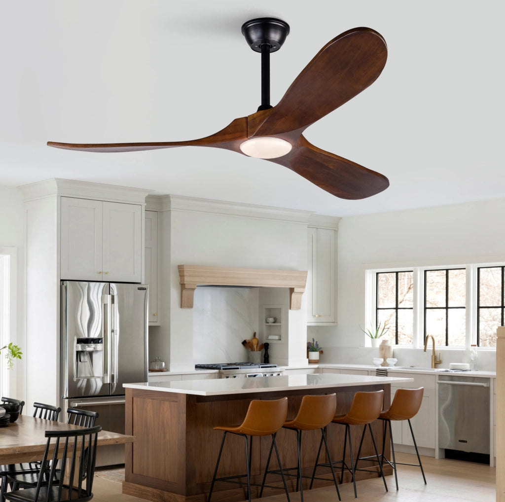 Ventilatore da soffitto 52 pollici con luce LED; 3 pale in legno noce; nero
