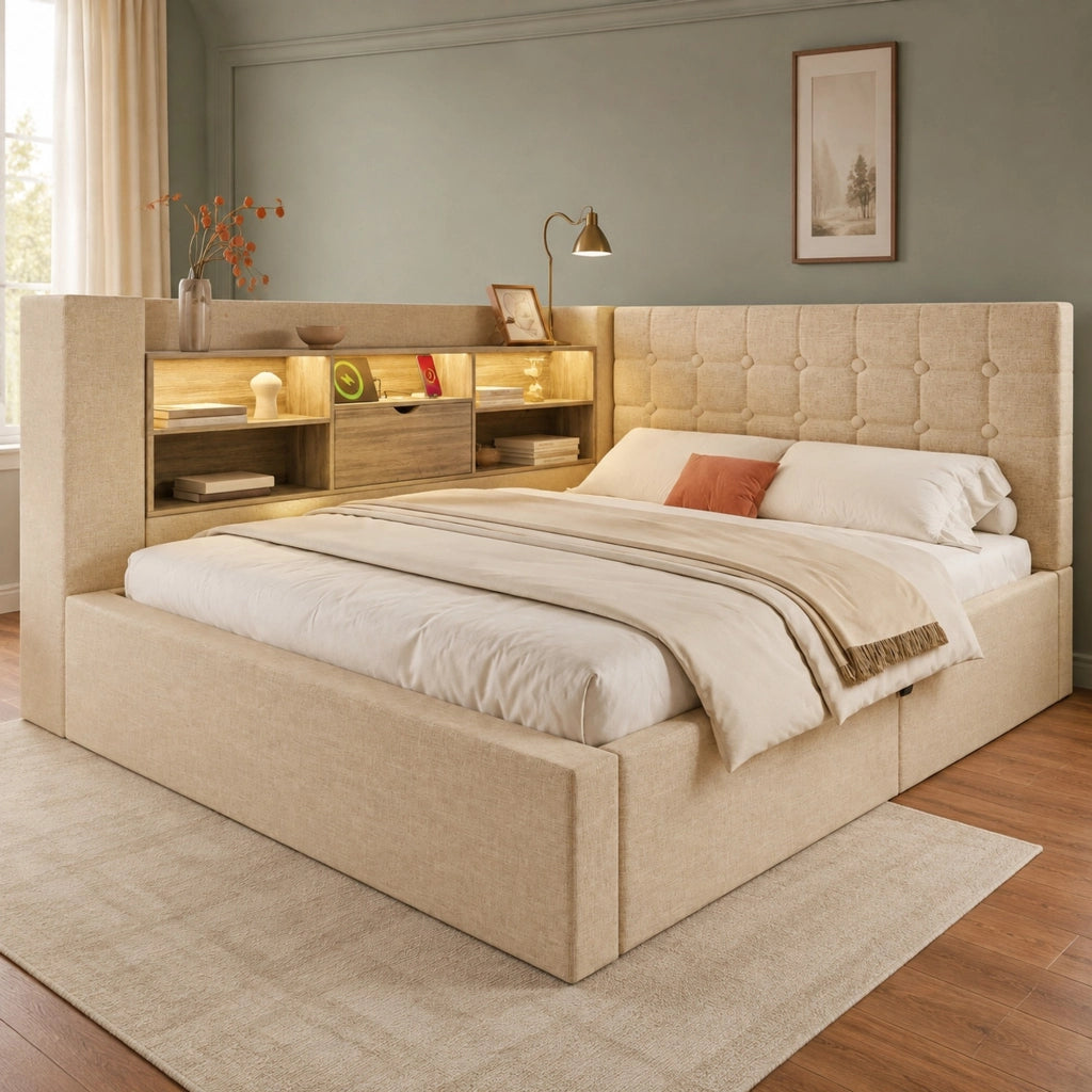 Letto matrimoniale 140x190 cm con LED, ricarica USB, contenitore idraulico e testiera L beige