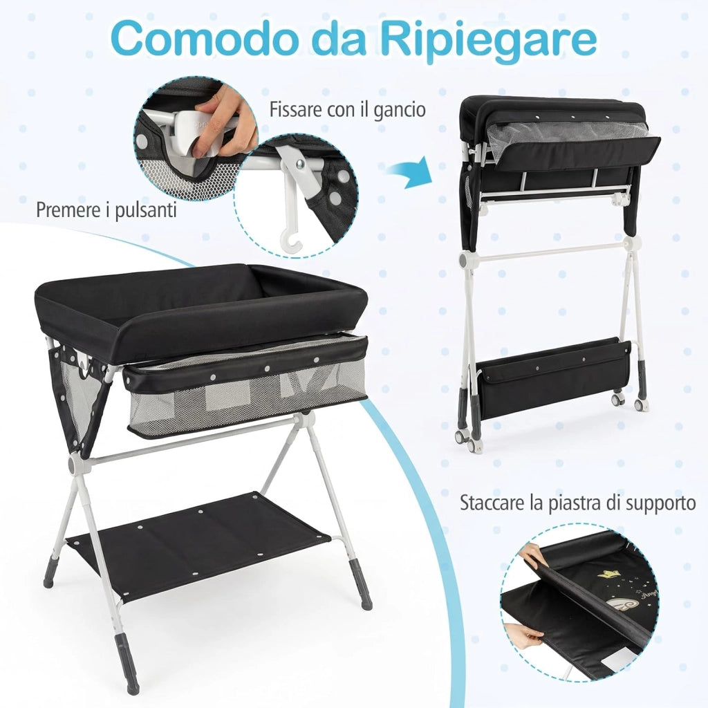 Fasciatoio Pieghevole per Bambini, Fasciatoio Portatile con Altezza Regolabile a 3 Livelli, Fasciatoio Neonato con Ruote di Bloccabili, Ripiano, Porta Asciugamani, per 0-12 Mesi (Nero)