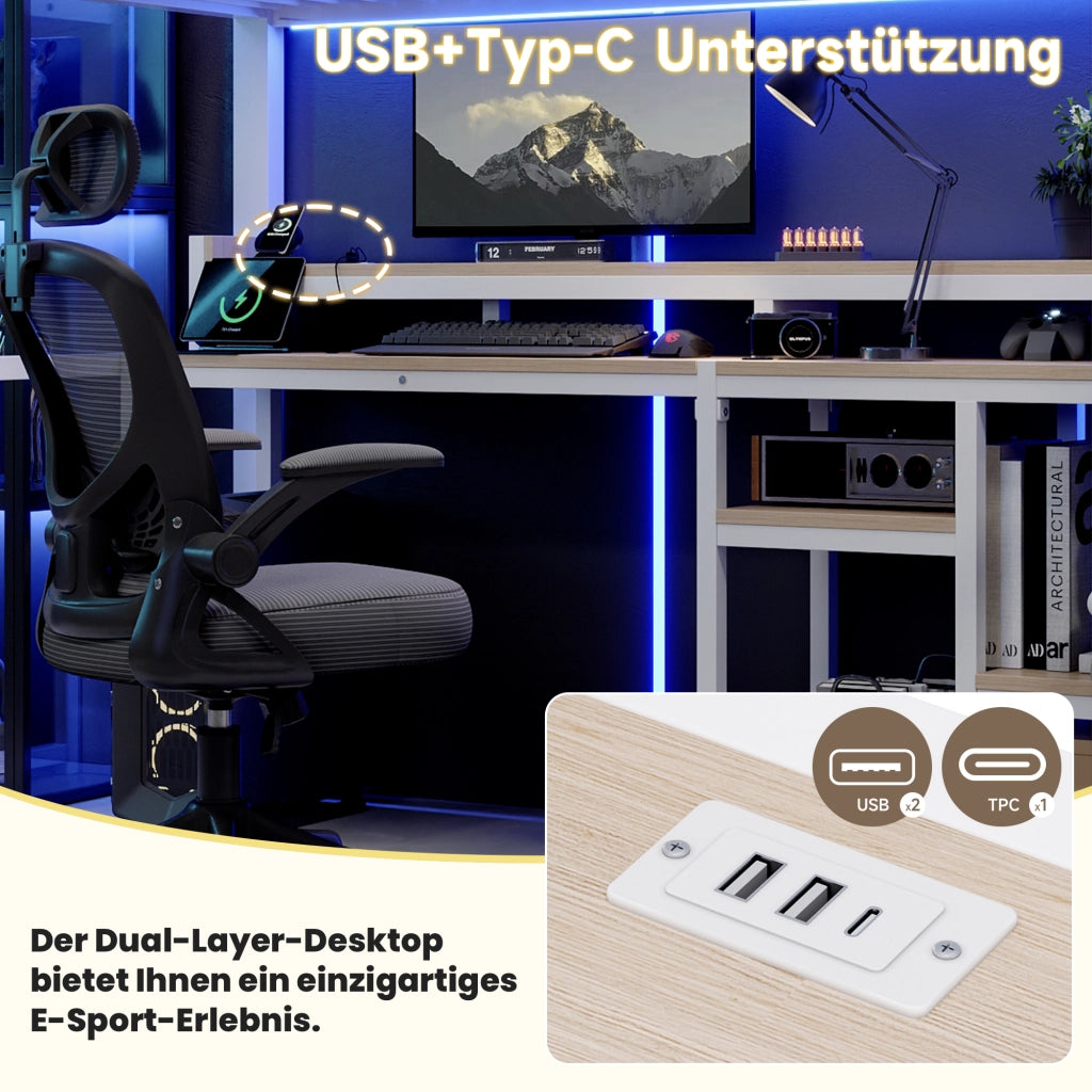 Letto a soppalco 90 × 200 cm con scala contenitore, ripiano, USB e Type-C, LED, senza materasso, bianco