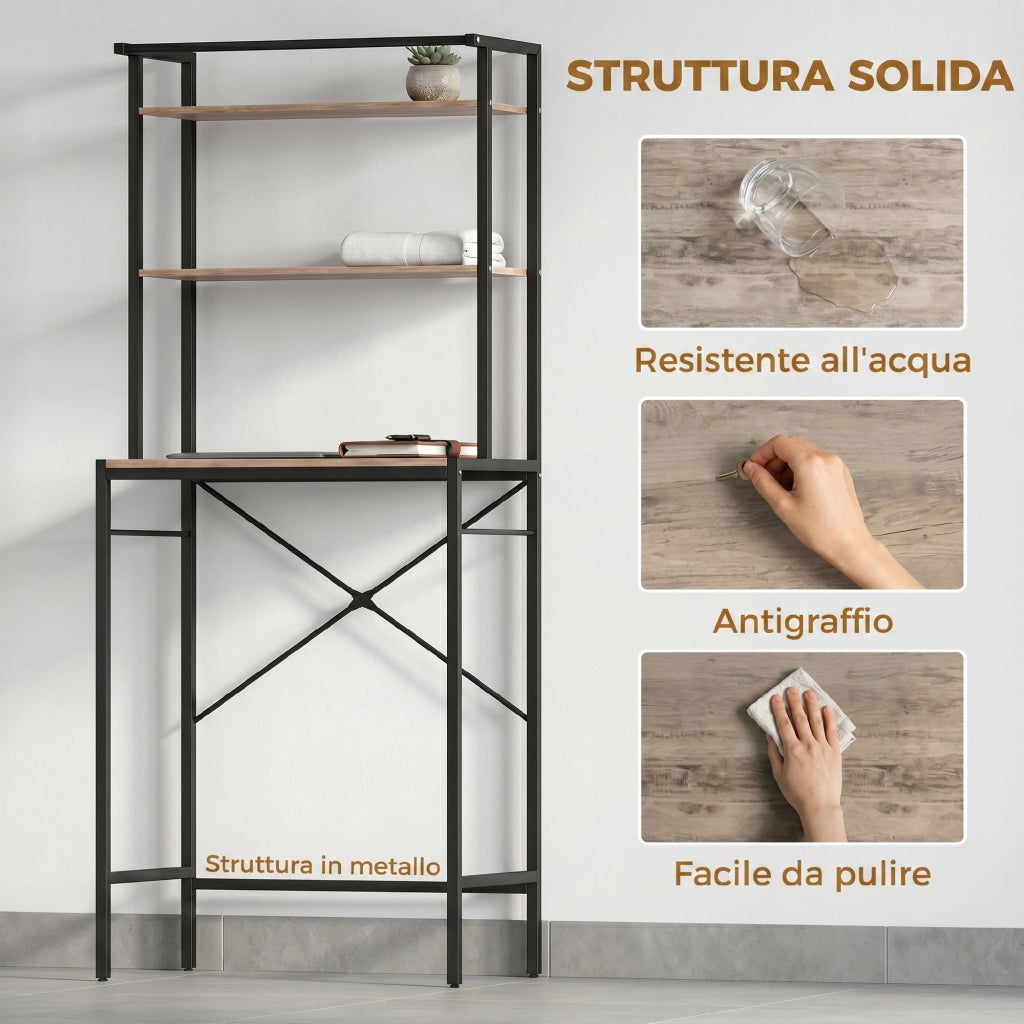 Mobile Sopra Lavatrice Coprilavatrice con 3 Ripiani e Asta, 67x40x161.8 cm, Marrone/Nero