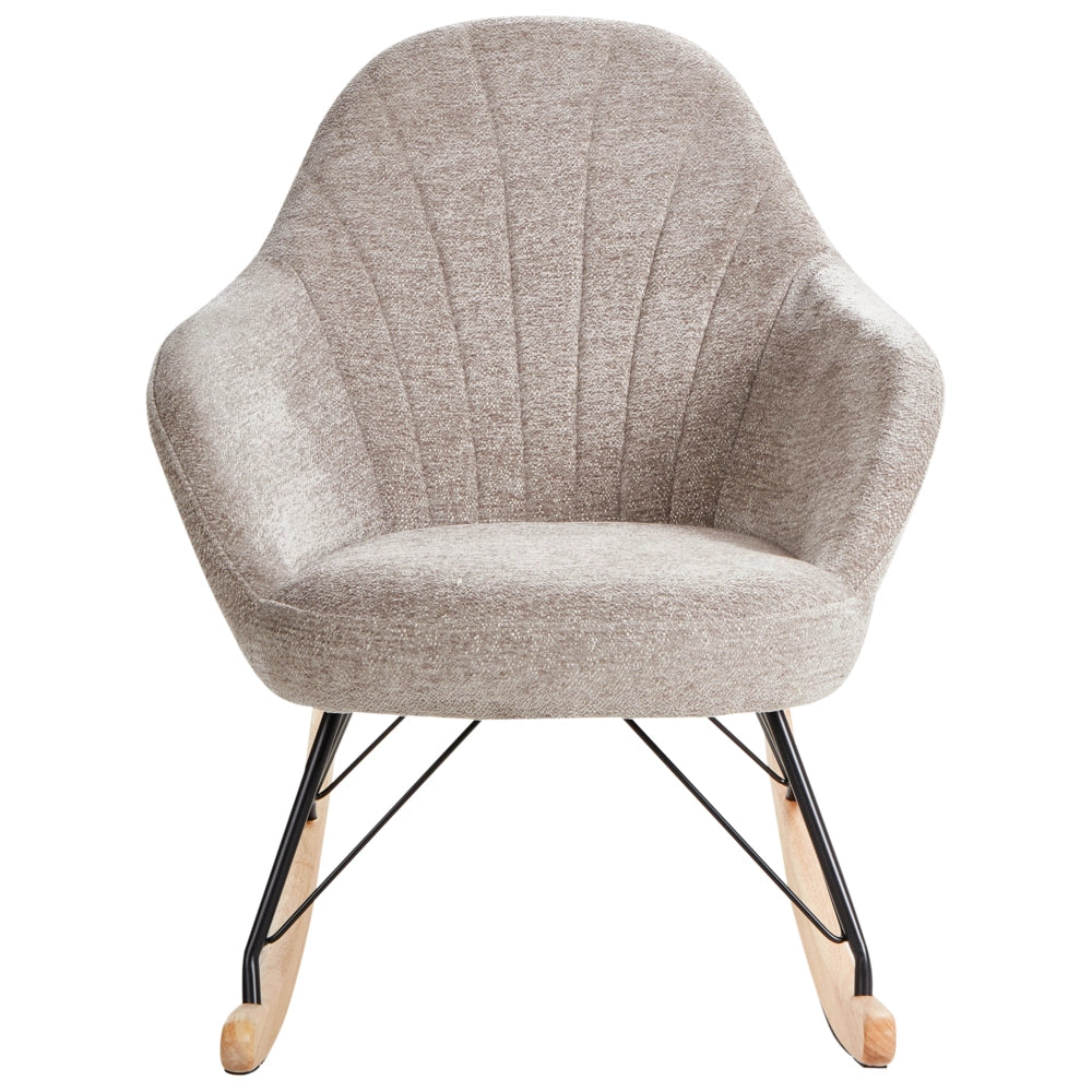 Sedia a dondolo in tessuto tortora gambe in legno e metallo pattini design moderno soggiorno