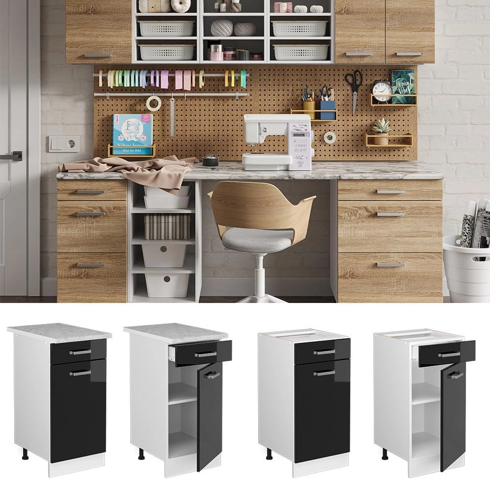 Base universale R-Line, Nero lucido, 40 cm con cassetto, senza piano di lavoro, adatto per essere riposto in modo salvaspazio nelle cucine componibili