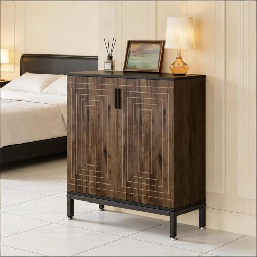 Scarpiera con 2 ante e 5 ripiani, motivo geometrico, per ingresso, in MDF e metallo, nero, 80 × 38 × 95 cm