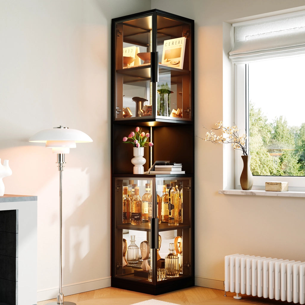 Vetrina con LED, 2 ante in vetro, specchio posteriore e vano aperto, per soggiorno, in truciolare, nero, 42 × 44 × 205 cm