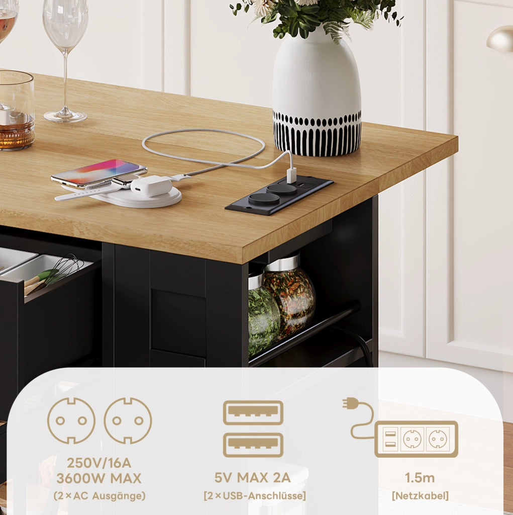 Isola cucina mobile 120 cm con piano pieghevole e USB
