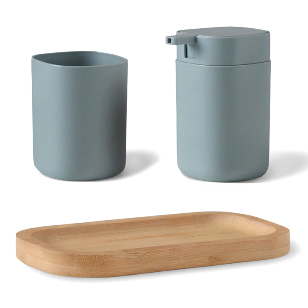 Set accessori bagno 3 pz verde acqua con vassoio in bambu Taki