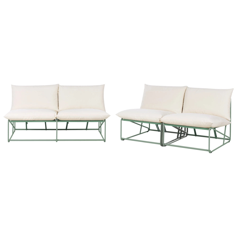 Set 4 posti composto da divano basso oversize e 2 sedie in metallo con cuscini per schienale e seduta interno ed esterno senza braccioli verde