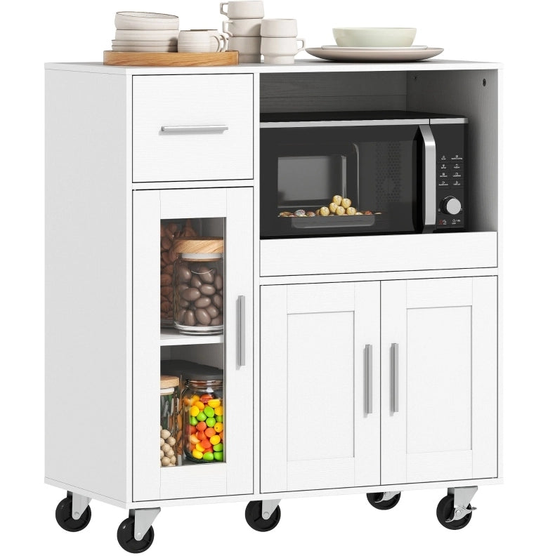 Mobile da cucina su ruote bianco con cassetto, nicchie, ripiano regolabile