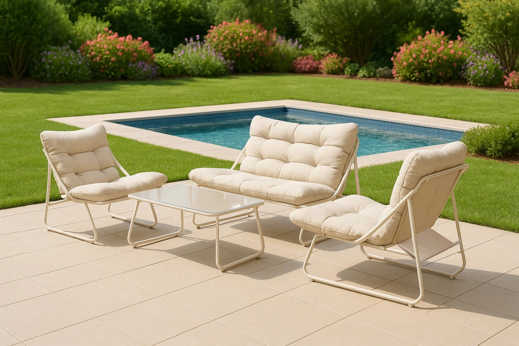 Set salotto da giardino Vivo, divano 2 posti + 2 poltrone + tavolino rettangolare, con cuscini