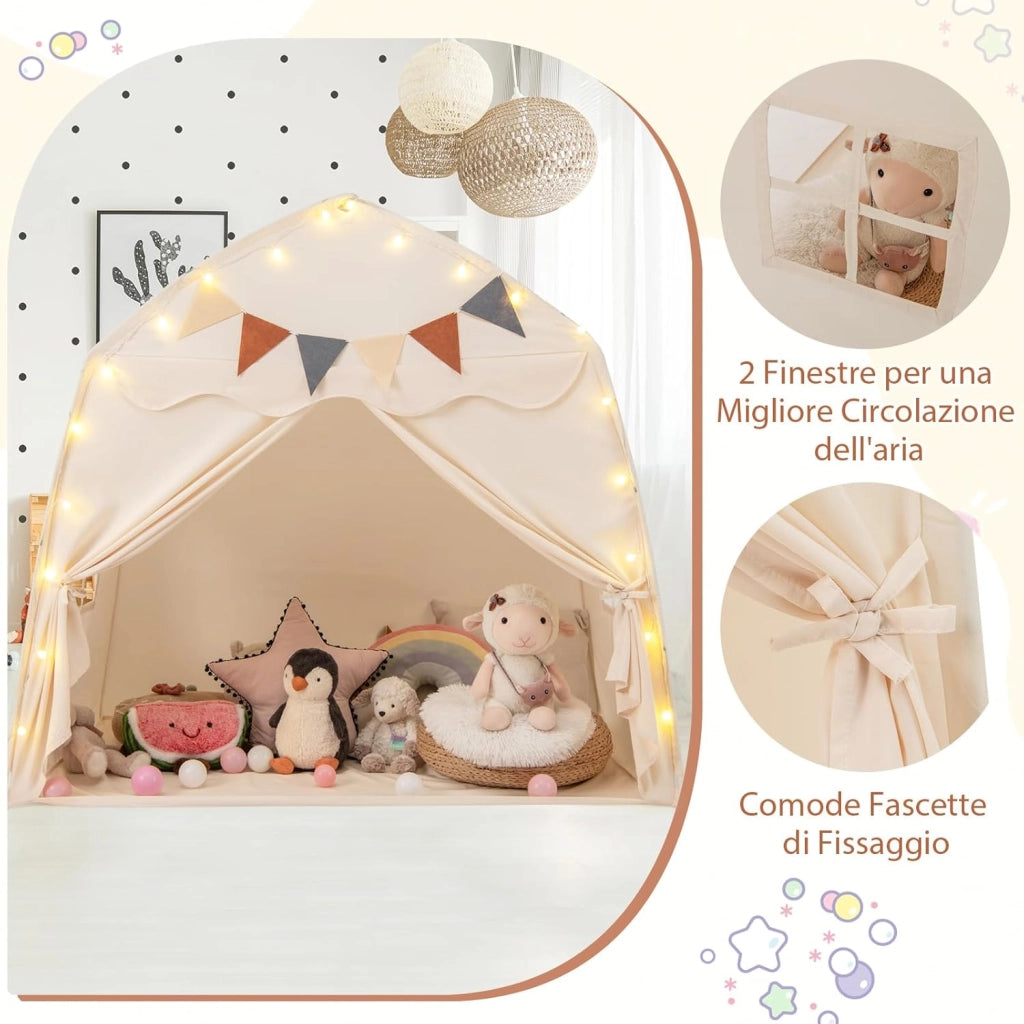 Tenda per Bambini con Luci Fatate e Bandierine, Tenda Casetta da Gioco con 2 Finestre, Tenda Gioco Castello Portatile per Interni ed Esterni, 157 x 98 x 148 cm (Beige)