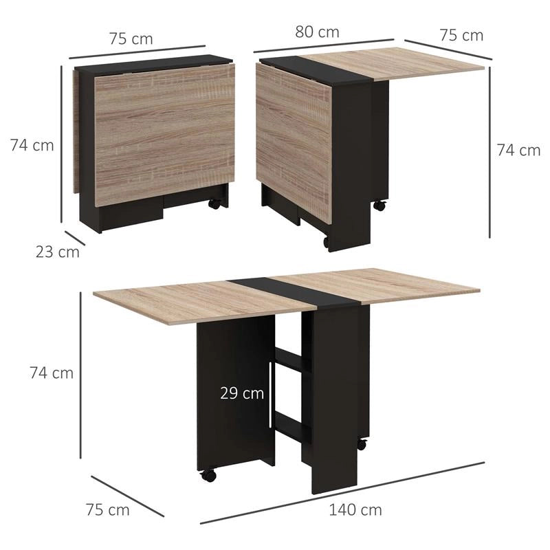 TAVOLO PIEGHEVOLE CONSOLLE PER 4-6 PERSONE CON RUOTE E RIPIANI, 140X75X74CM, ROVERE E NERO