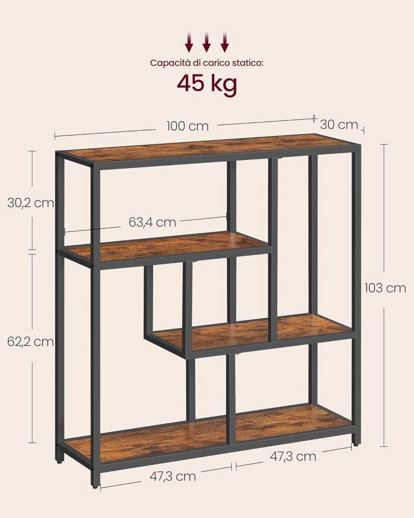 VASAGLE Libreria, Scaffale a 4 Ripiani, 30 x 100 x 103 cm, Scaffale Autoportante, per Soggiorno, Ufficio, Camera da Letto, Cucina, Marrone Vintage e Nero Inchiostro LLS134B01V1