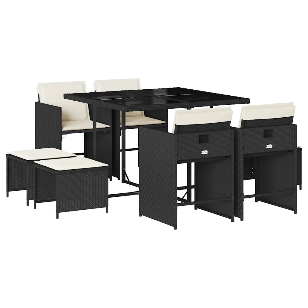 Set da Pranzo da Giardino 9 pz | Set Salotto da Giardino con Cuscini Nero in Polyrattan