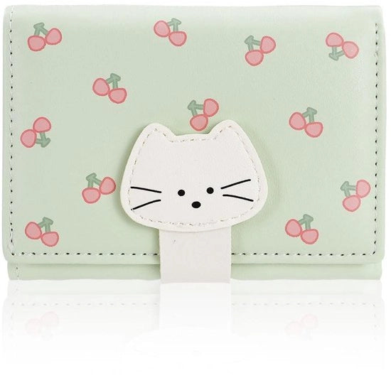 Portafoglio per donne, piccolo, portafoglio per donne con gatti, pelle, contenitore per tre carte, portafoglio, verde, 10,7 x 8 x 2 cm, Carino