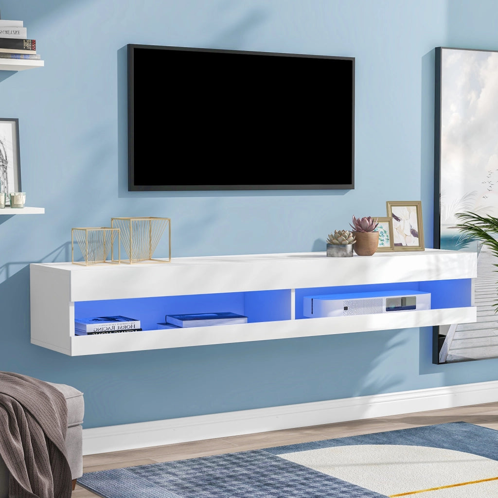 Mobile TV sospeso con 2 ante e LED; controllo tramite app; per soggiorno; in MDF; 140 × 40 × 30.5 cm; bianco
