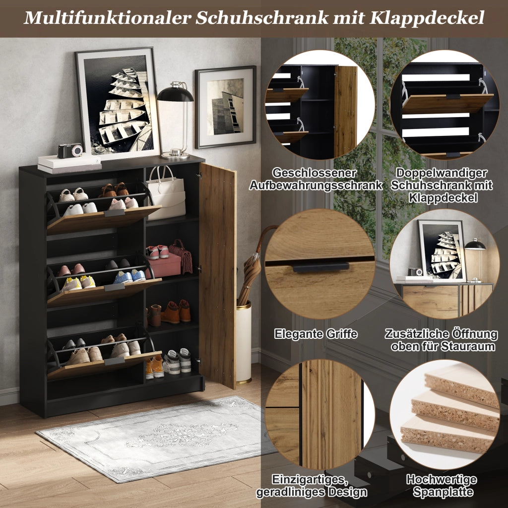 Scarpiera con 3 ante a ribalta e 1 vano con sportello, per ingresso, in MDF, naturale e nero, 100 × 30 × 130 cm