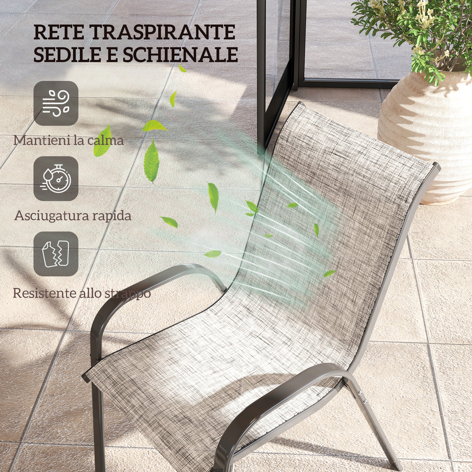 Set 4 Sedie da Giardino 54x71x93 cm Impilabili con Braccioli Curvi in Acciaio e Tessuto Traspirante Grigio