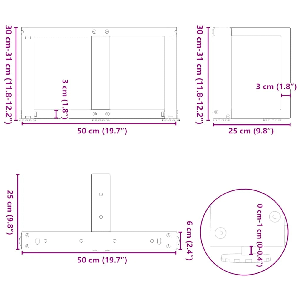 Set di 2 gambe regolabili a forma di T per tavolino da caffè 50 x 25 x 30 cm robuste design moderno acciaio nero 02_0057278