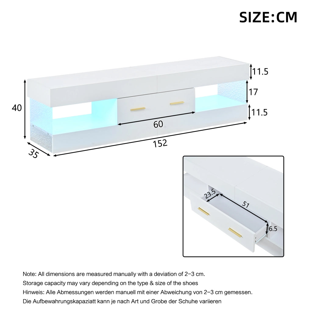 Mobile porta TV con LED, 2 cassetti e 4 vani aperti, in truciolare bianco lucido, per soggiorno, 152 × 35 × 40 cm