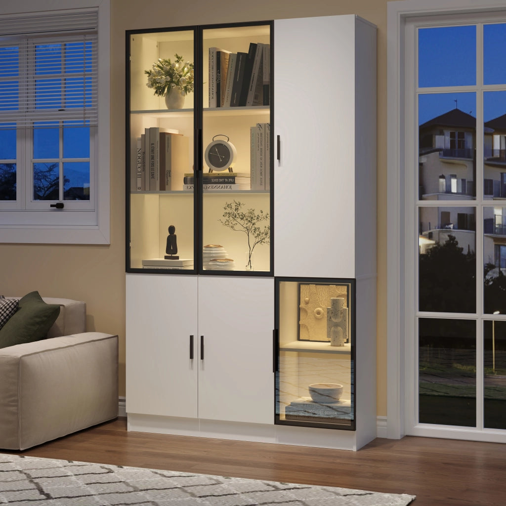 Vetrina con 3 ante in vetro e LED, 10 vani contenitore, per soggiorno e studio, bianco, 120 × 35 × 200 cm