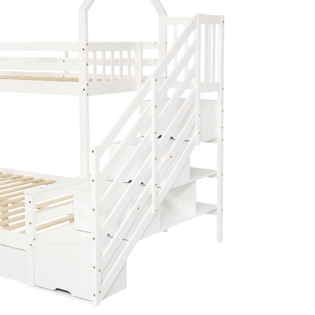 Letto a castello per bambini con scala contenitore, due cassetti su ruote e design con tetto, bianco, 90x200 cm e 140x200 cm