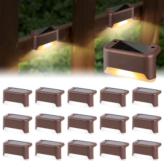 Lanterne Solari Esterne Idrorepellenti per Decorazione Giardino - Luce Stair Calda Bianca per Patio, Scale, Recinzione (Marrone) - 16 Pezzi