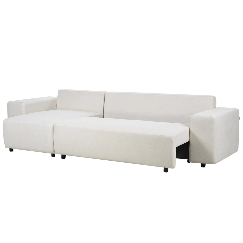 Divano angolare a destra in tessuto beige chiaro a 3 posti con cuscini extra sparsi Soggiorno moderno