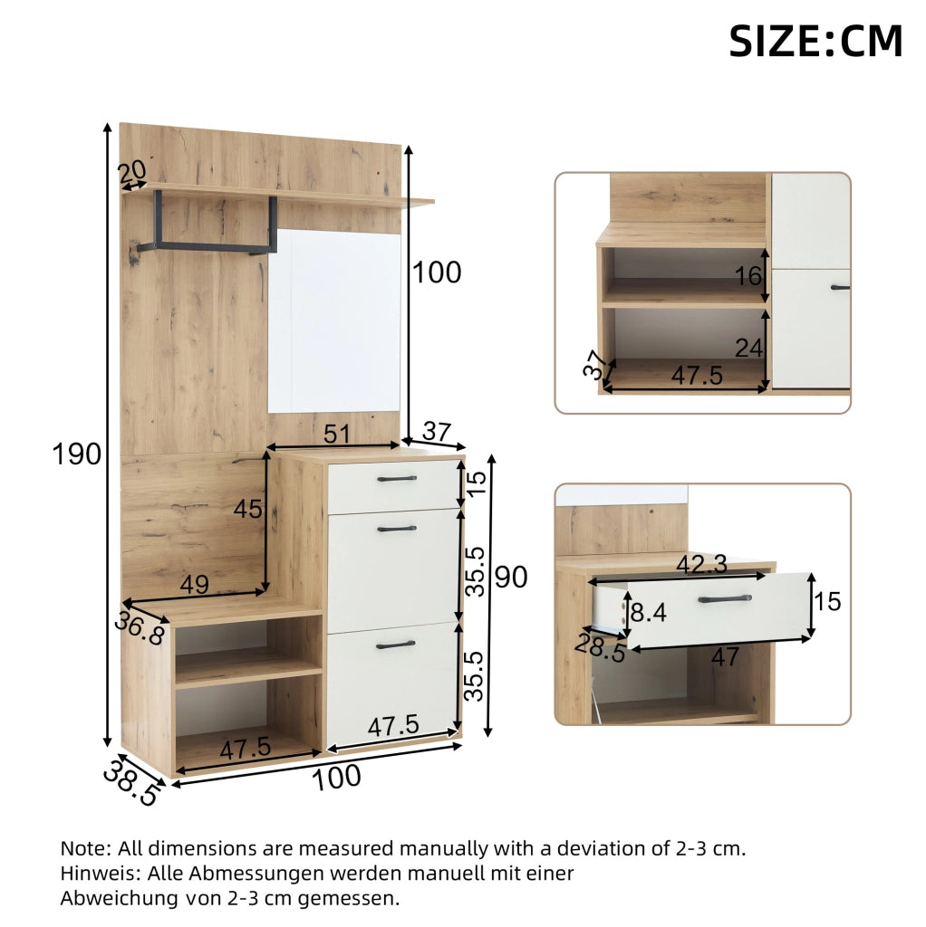 Mobile ingresso multifunzionale 100 x 38;5 x 190 cm con specchio; cassetto e scarpiera; bianco e naturale