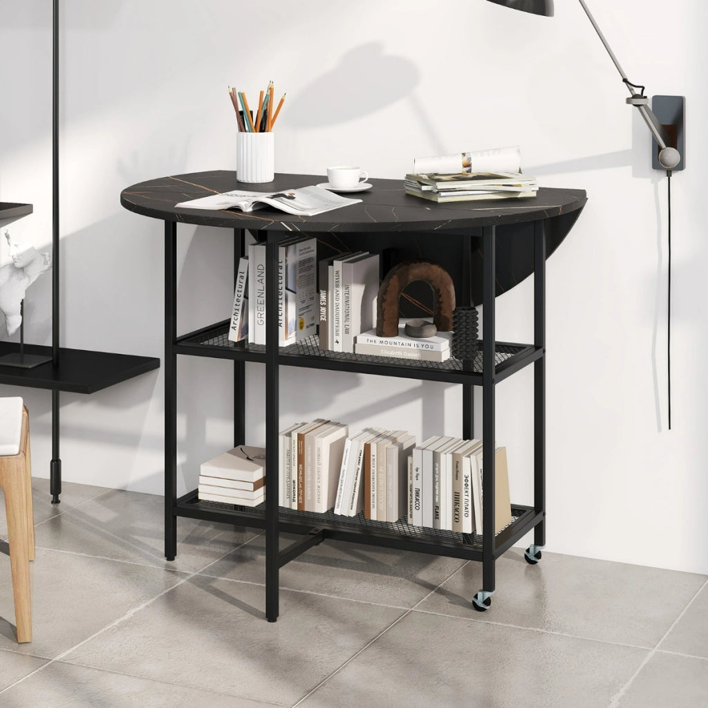 Tavolo da pranzo pieghevole mobile per 2-4 persone con 2 mensole di stoccaggio-Tavolo a ribalta per sala da pranzo Nero