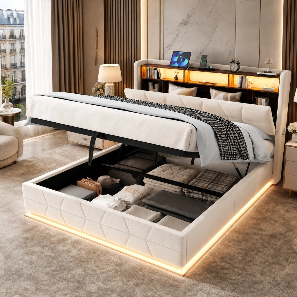 Letto contenitore 140 × 200 cm 2 posti con LED, ripiani, USB e Type-C, senza materasso, velluto beige