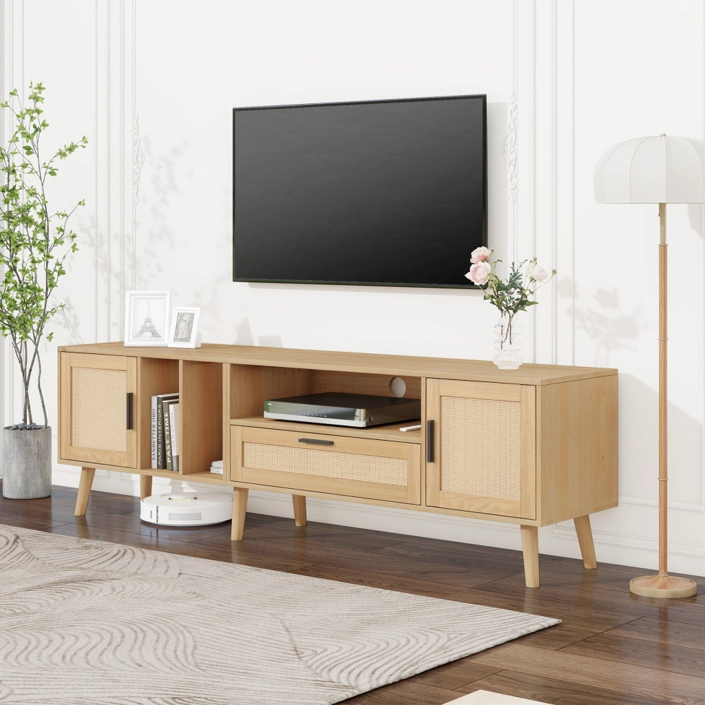 Mobile TV con Rattan ¨C MINIMAL ¨C 2 Ante, Cassetto, Legno Massello, 80 Pollici