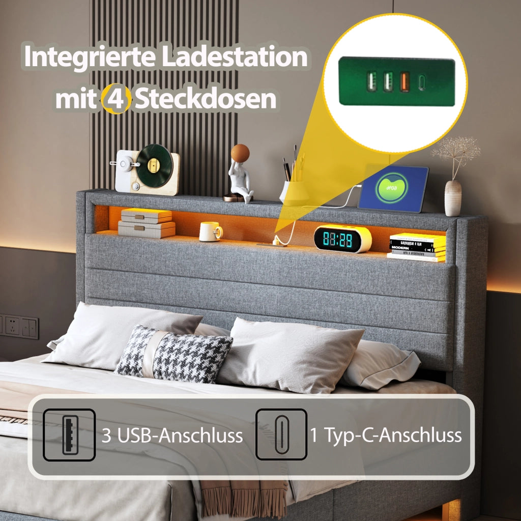 OKWISH Letto Contenitore 140×200 cm, Letto Matrimoniale con Vano Idraulico, USB, LED Regolabile e Testiera Girevole, senza Materasso, Grigio